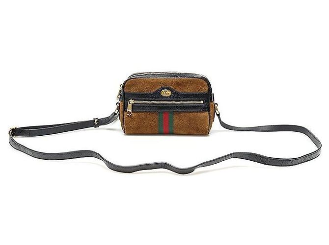 Gucci Mini tracolla WEB Ophidia in scamosciato marrone e pelle vernice nera