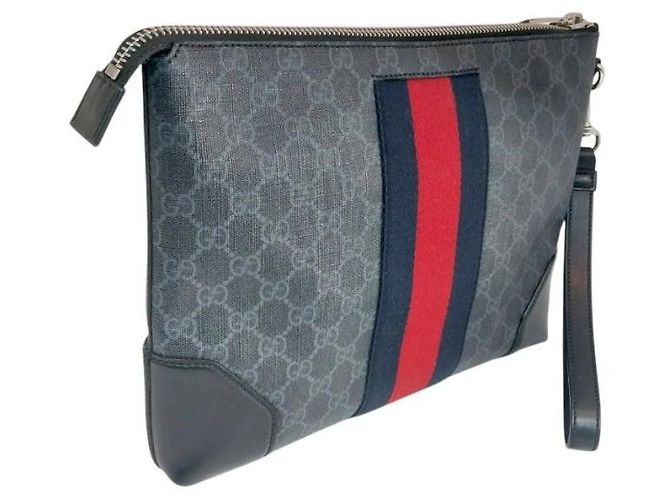 Ophidia Gucci Black GG Supreme Canvas Web Strap Clutch Bag