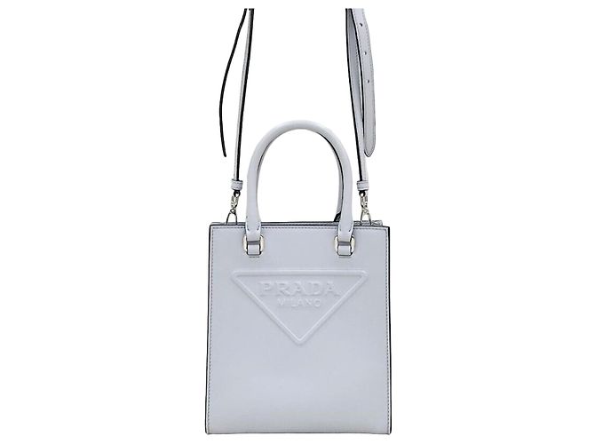 Prada Triangle Logo Leather Tote Shoulder Bag Silvery