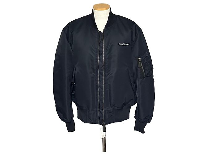 Burberry Logo Print Nylon Bomber Jacket Black