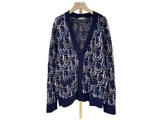 Dior Oblique Wollstrickjacke Blau Schwarz