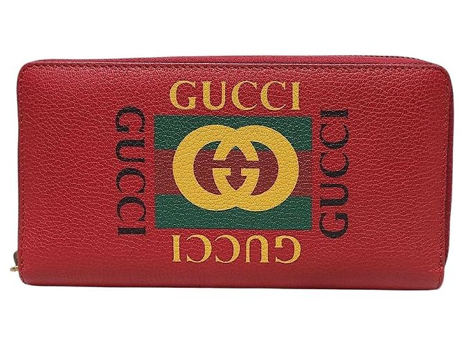 Gucci Red Box Logo Printed Leather Zip Long Wallet