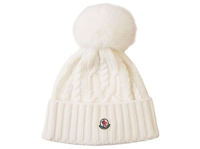 Moncler Touca de cashmere com pompom de pele de raposa Branco