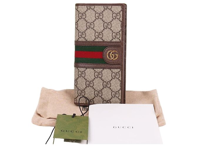 Gucci Ophidia GG Gold Plated Three Stripe Long Wallet Brown