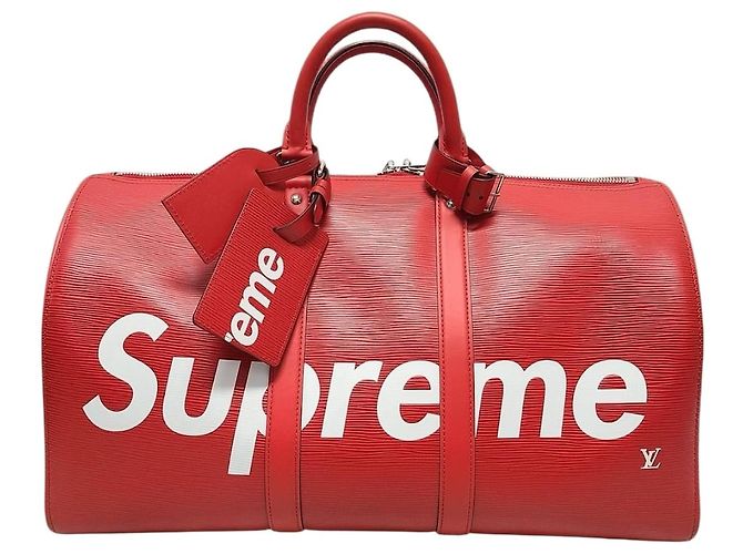 Louis Vuitton Borsa Keepall Epi con Logo Supreme Rosso