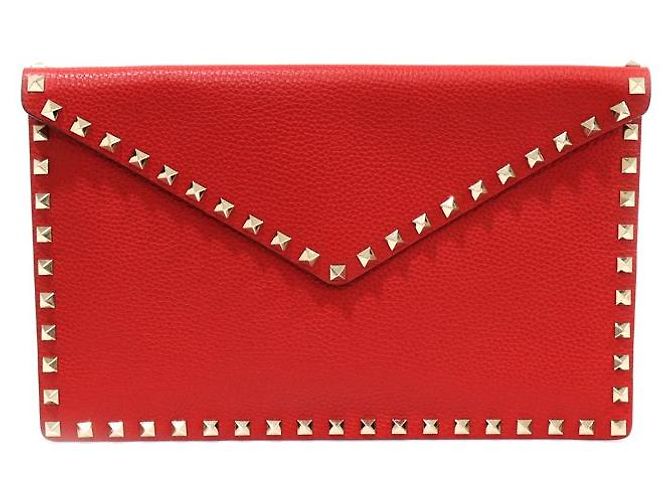 Valentino Clutch Envelope de Couro Red Stamp Gold Rockstud Vermelho