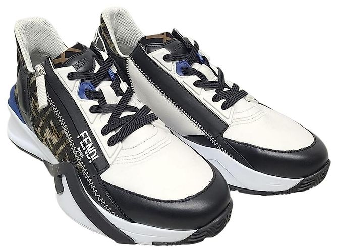 Fendi Black Leather Brown FF Jacquard Flow Sneakers