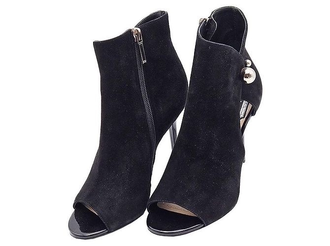 Dior Christian Black Suede Open Toe Side Zip Ankle Boots Heel