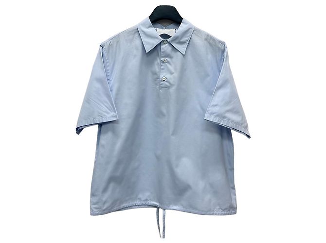 Prada Camicia a maniche corte in cotone con logo a triangolo Blu