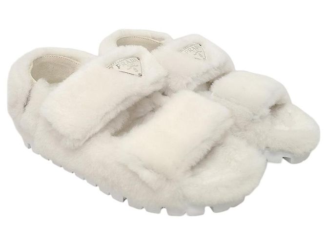 Prada White Triangle Logo Shearling Strap Sandals