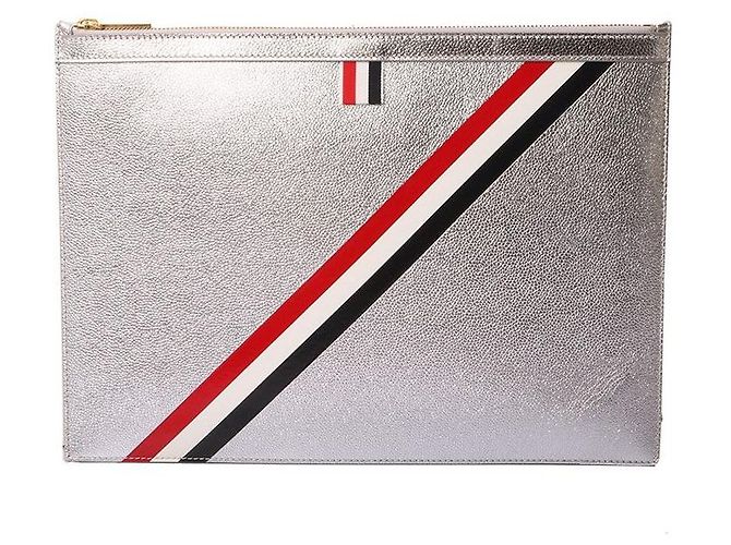 Thom Browne Pochette à trois bandes argent métallique Medium Argenté
