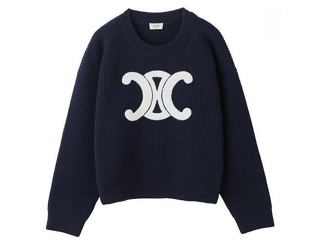 Céline Crew Neck Pullover aus gerippter Wolle Blau 