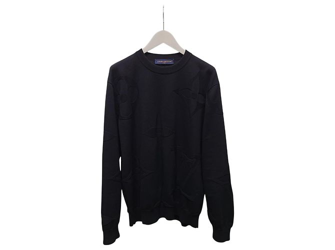 Louis Vuitton Langarm-Strickpullover mit Rundhalsausschnitt und Ton-in-Ton-Monogramm in Schwarz