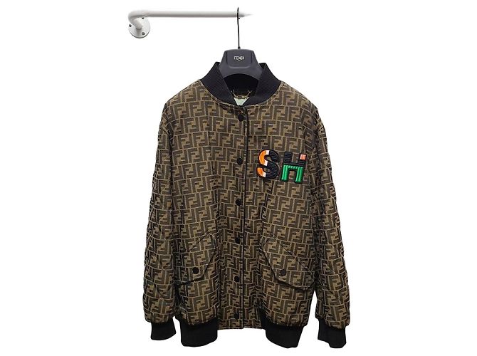Fendi FF Monogram Jacquard Logo Patch Bomber Jacket Brown