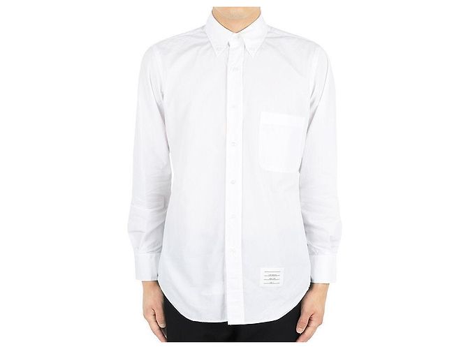 Thom Browne Men's Hidden Three-Stripe Poplin Shirt (White) Silvery