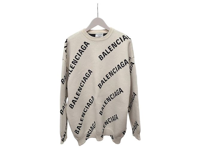 Balenciaga Weißer Strickpullover mit durchgehendem Multi-Logo-Print 