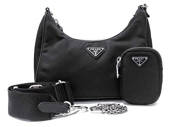 Prada Bolsa Hobo em tecido com alça de corrente Preto