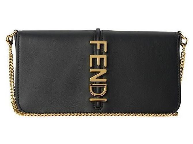 Fendi Graphy Leather Wallet on Chain Black