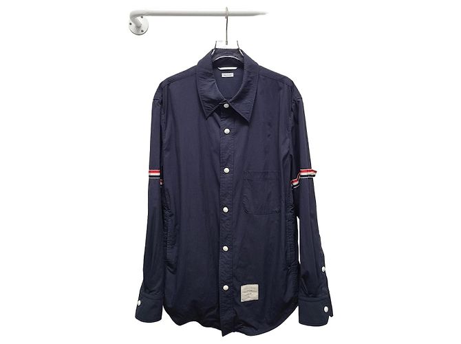 Thom Browne Navy Snap Front Arm Band Nylon Shirt Jacket Blue