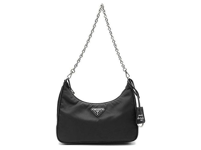 Prada Bolsa Hobo em Tessuto Re-Nylon com alça de corrente Preto