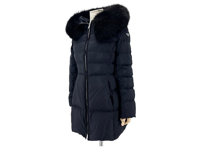 Prada Re-Nylon Triangle Logo Fox Fur Women's Long Puffer Jacket Black
