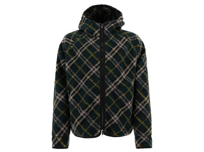 Burberry Check Pattern Wool Blend Hooded Jacket Black