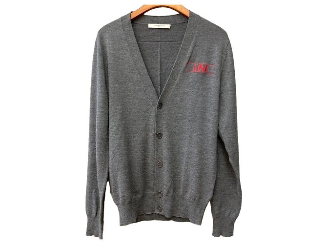 Givenchy Strickjacke aus Wolle Grau mit LOVE-Stickerei Braun