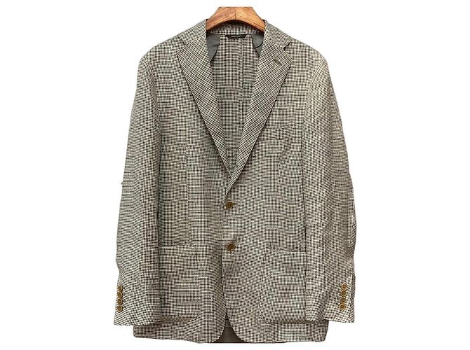 Loro Piana Linen Check Blazer Jacket Gray Brown