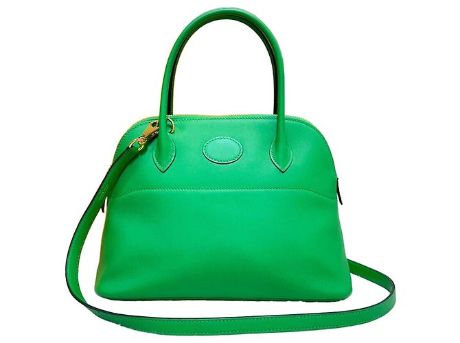 Hermès Bolsa Tote Bolide Swift Bamboo com Ferragens Douradas e Gravação Verde