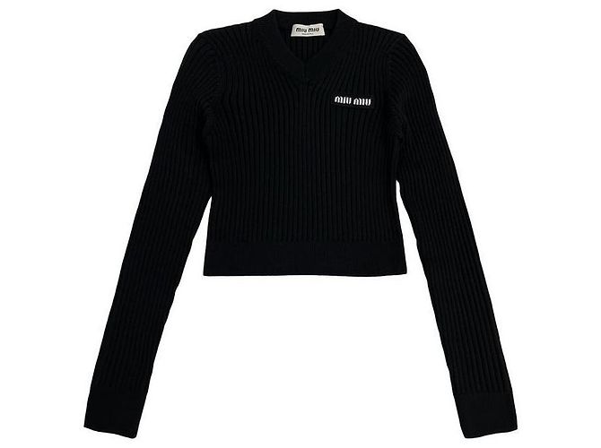 Miu Miu Crop-Stricktop mit Logo V-Ausschnitt Rippenstrick Schwarz