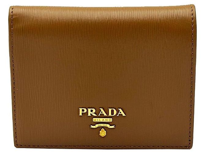 Prada Camel Leather Lettering Logo Flap Wallet Brown