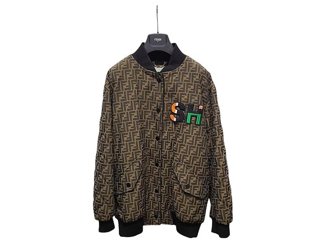 Fendi FF Monogram Jacquard Logo Patch Bomber Jacket Brown