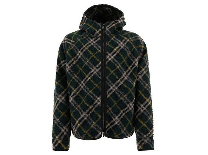Burberry Wool Blend Hooded Jacket with Check Pattern