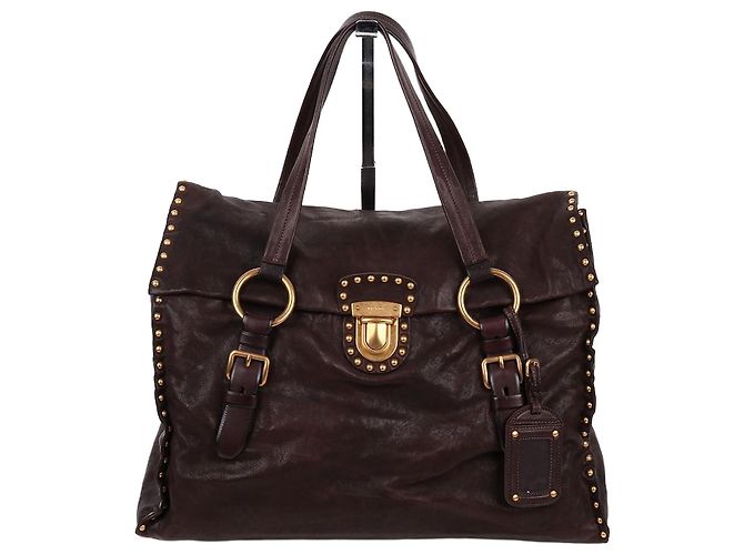 Prada Nappa Leather Studded Large Shoulder Bag Brown