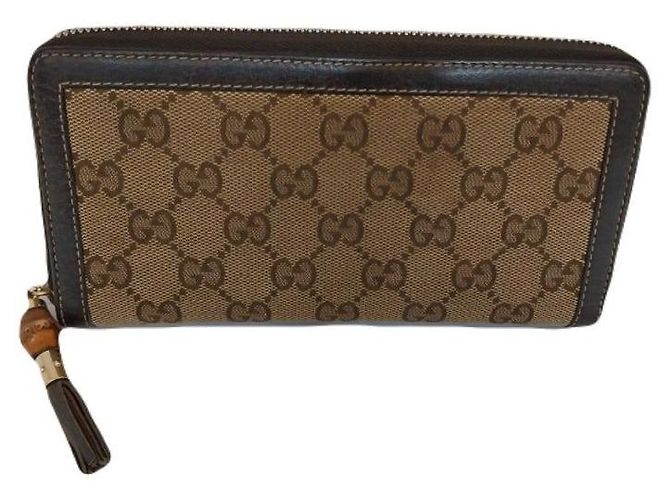 Bamboo Gucci Carteira longa com zíper em jacquard de bambu GG Ebony Gippy Wallet Marrom