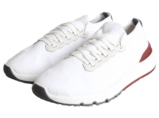 Brunello Cucinelli Tab Runner Baumwollstrick-Sneaker White Weiß