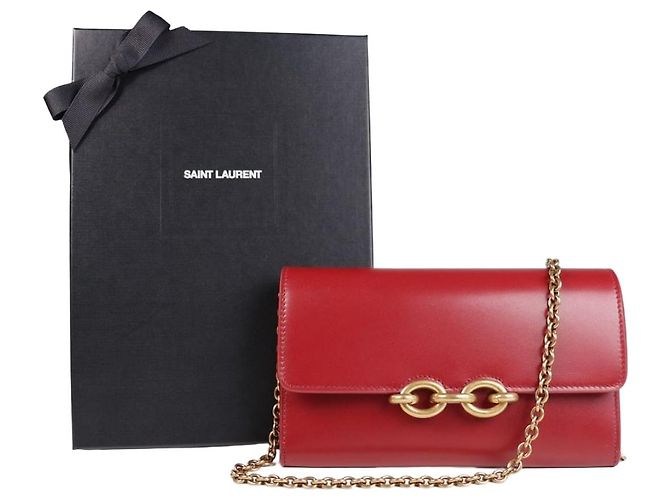 Saint Laurent LE MAILLON Cartera con cadena de cuero brillante Rojo Multicolor