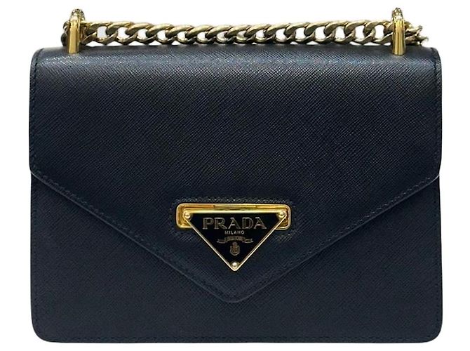 Prada Borsa a Spalla Saffiano Triangle Logo Chain Nero