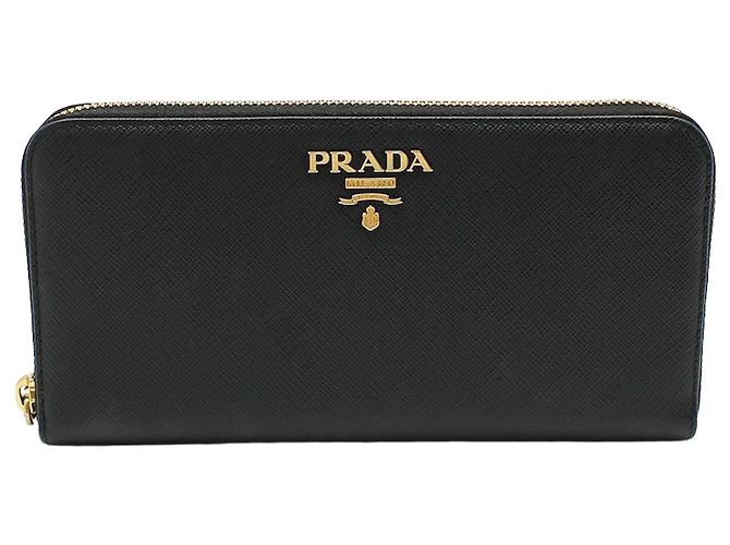 Prada Black Saffiano Gold Logo Zip Long Wallet