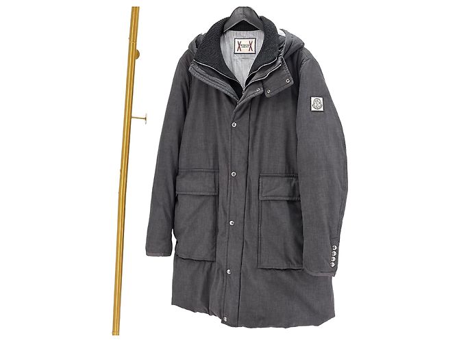 Moncler Gamma Blue Hooded Long Down Jacket Grey Brown