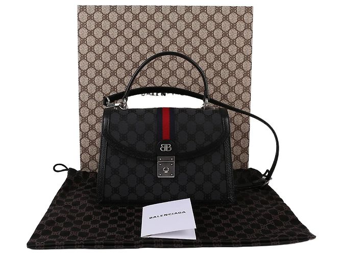 Balenciaga Small Black BB Jacquard Canvas Hacker Project Top Handle and Shoulder Bag