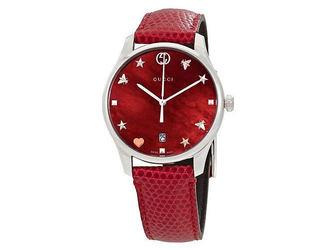 Gucci Relógio de couro feminino com mostrador de pérolas Vermelho