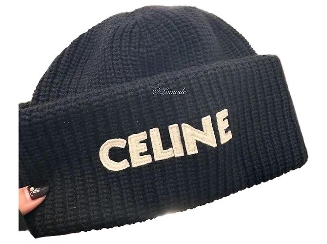 Céline Gorro de lã canelado bordado Preto