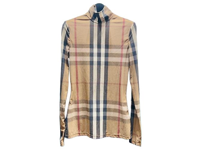 Burberry Check Jersey Rollkragen-Langarm-T-Shirt Braun