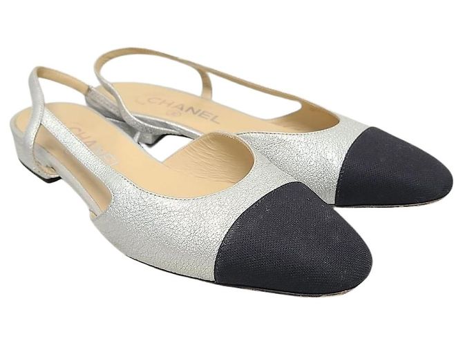 Chanel Silver Two-Tone Slingback Pumps Low Heel Flat Shoes Silvery
