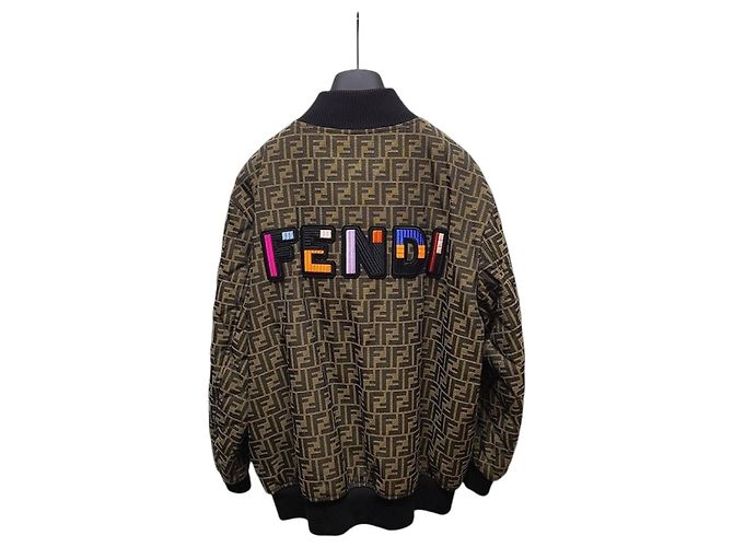 Fendi FF Monogram Jacquard Logo Patch Bomber Jacket Brown