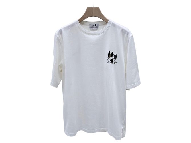 Hermès Weißes Kurzarm-T-Shirt mit Lammleder-Patch 
