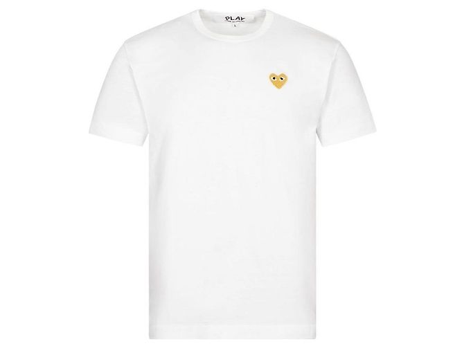 Comme Des Garcons Weißes T-Shirt mit goldenem Herz-Patch Silber
