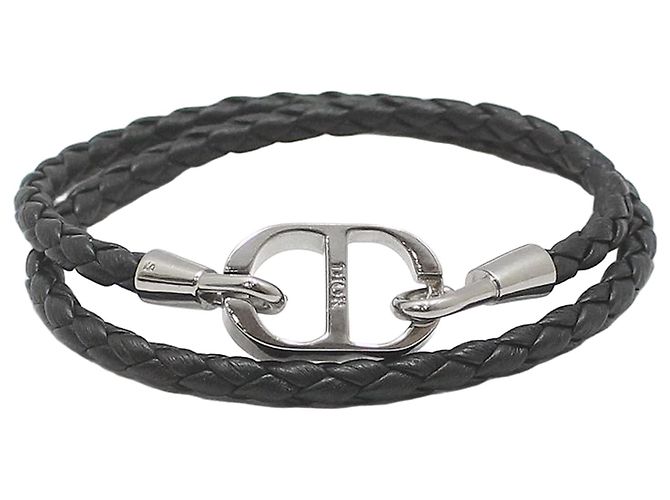 Dior Black Silver CD Icon Braided Leather Double Strap Bracelet