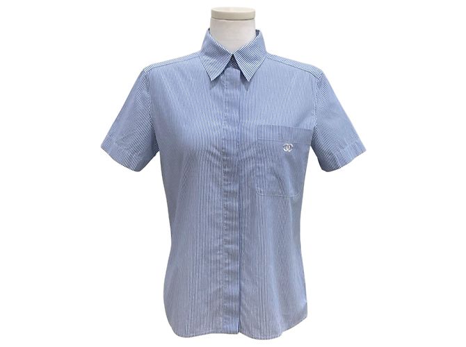 Chanel Camicia a maniche corte con due tasche e logo Stripe CC Blu